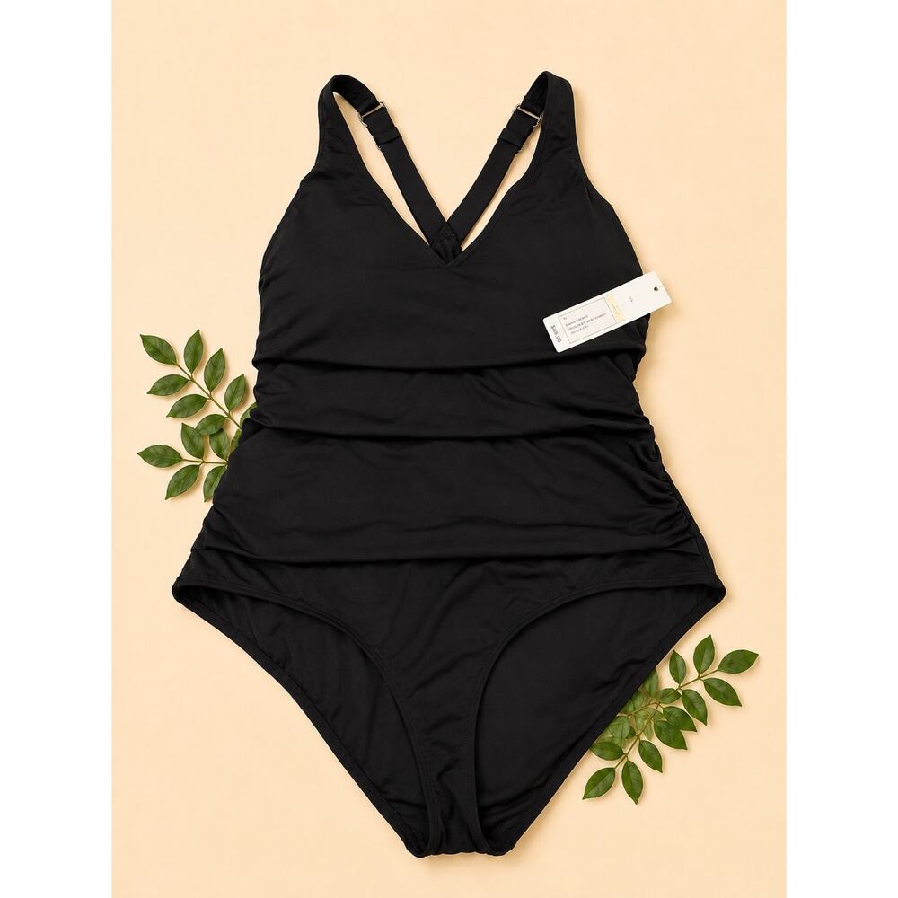 Anne Cole New With Tags Black Ruched One Piece Swimsuit Size 14